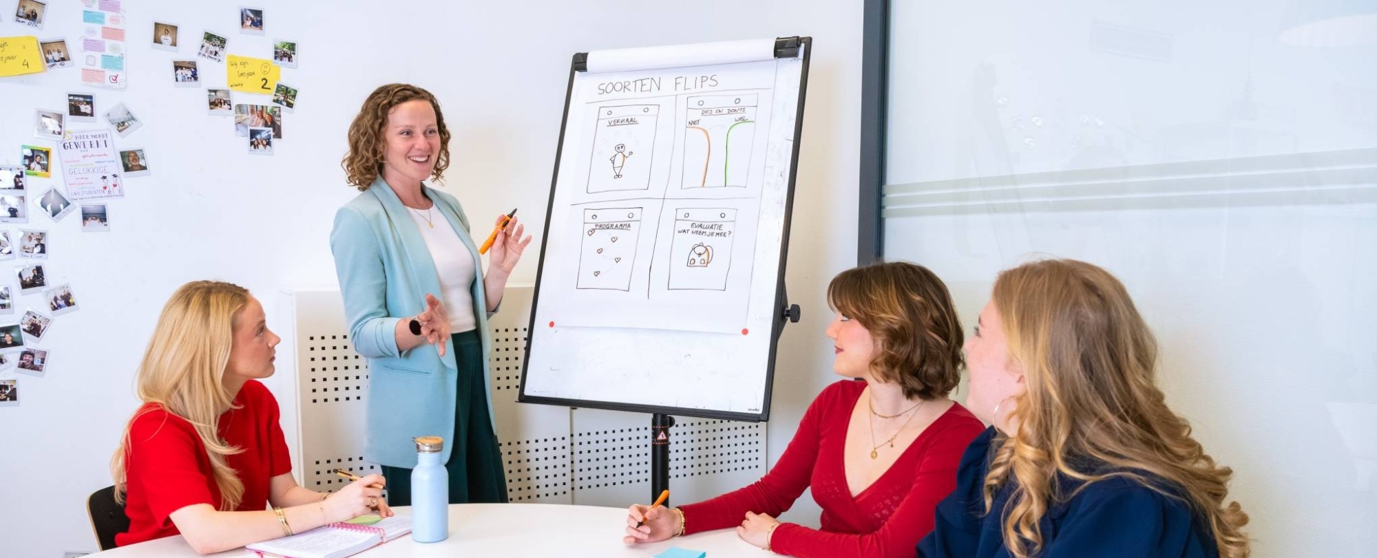 Een docent van Learning and Development in Organisations voltijd geeft uitleg aan een groepje studenten met een flipover erbij.