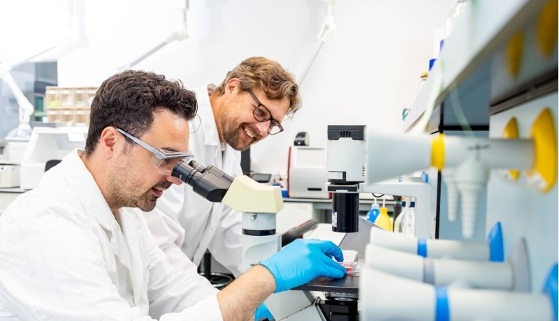Cursisten kijken door microscoop bij cursus Morfologie van het Urinesediment