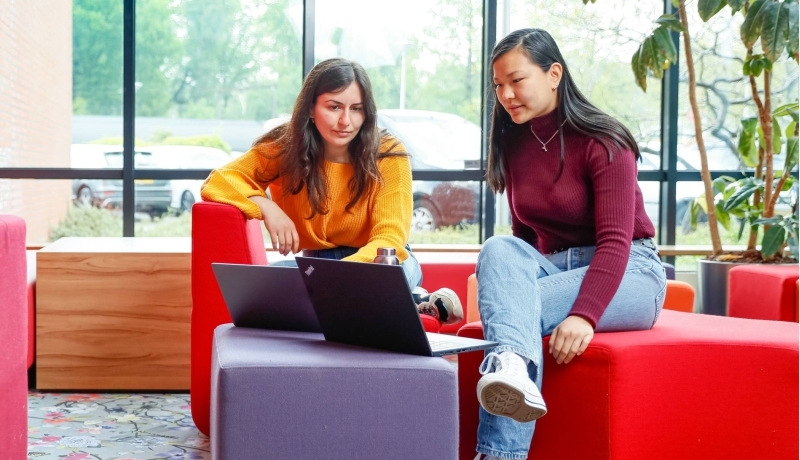 Twee internationael studenten overleggen met laptop bij rode banken