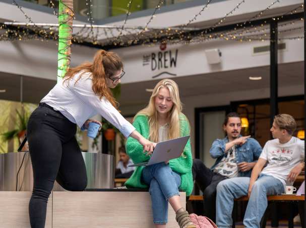 Twee studenten overleggen samen en wijzen naar de laptop, aan het werk bij The Brew.