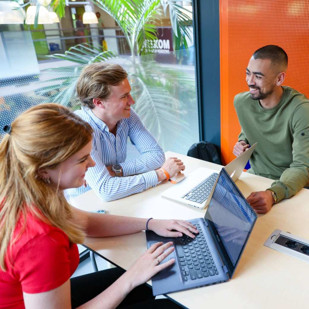 Facility Management, foto 8487, studenten samenwerken in zwevend hokje met laptop