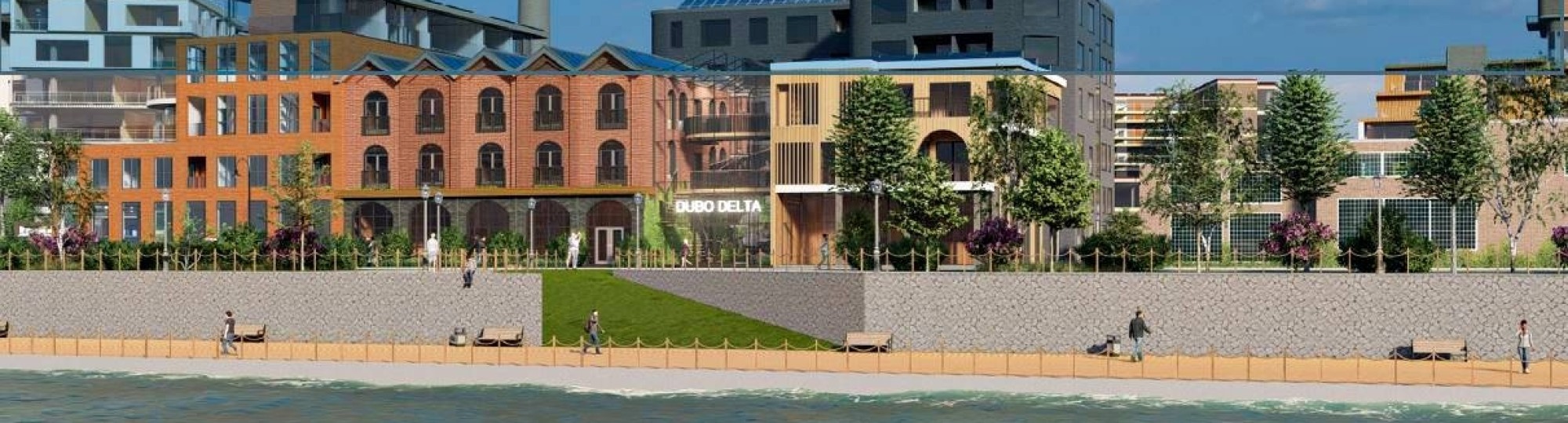 Impressie gebouwen Dubo Delta van projectgroep Brick by Brick, gezien vanaf de Rijn