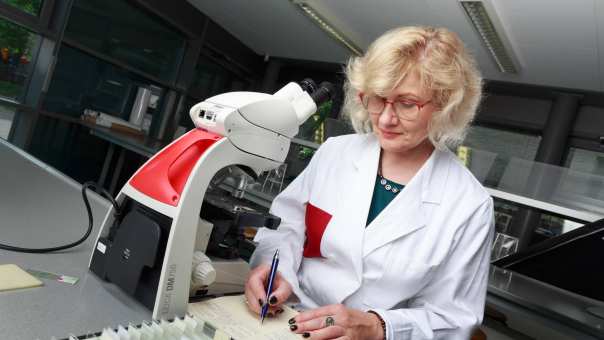 Cursist post-hbo Life Sciences aan het werk met een microscoop.