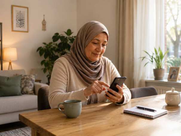vrouw aan tafel met mobiel ai beeld project cares voor technologie voor gezondheid.
