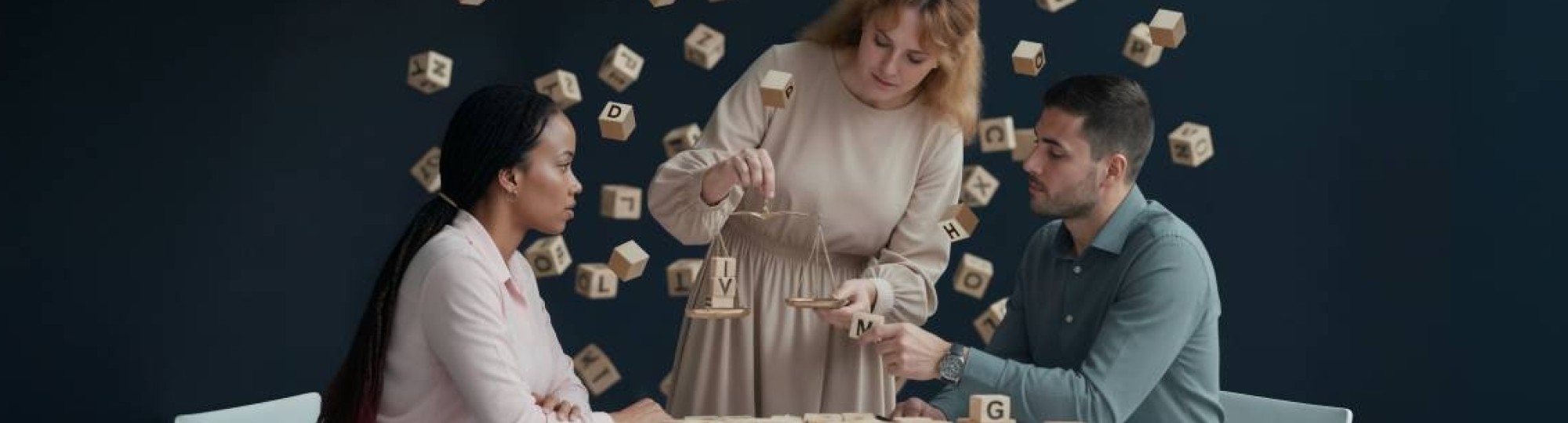 mensen zitten aan tafel en letters vliegen rond