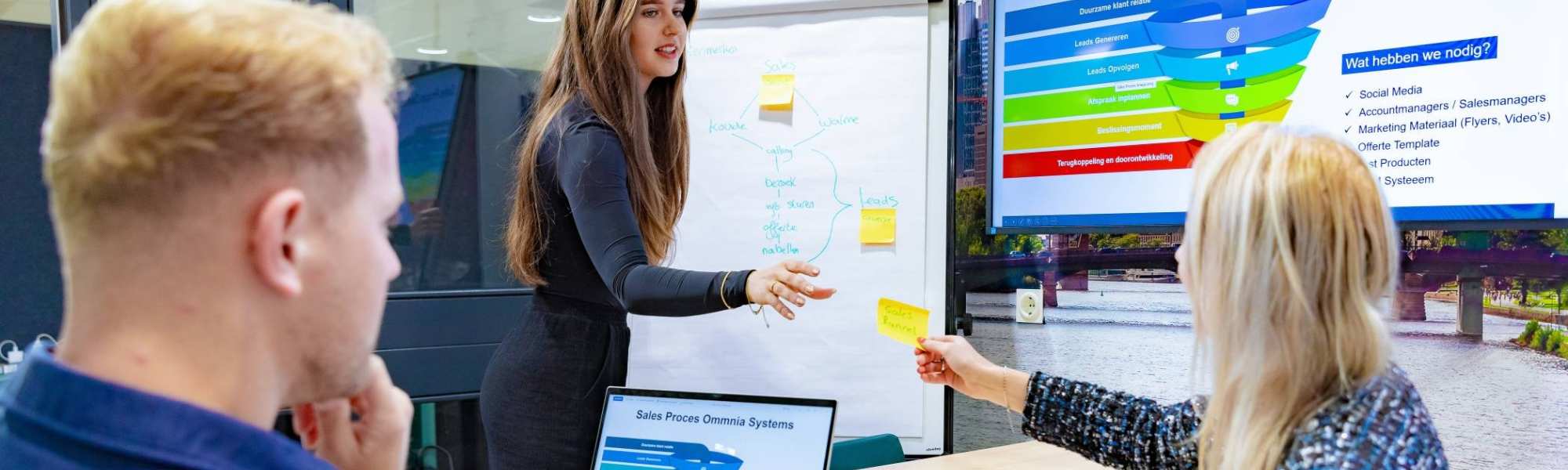 Studenten van de associate degree Commerciële Economie deeltijd, duaal uitstroom Business Development in overleg met flipover.