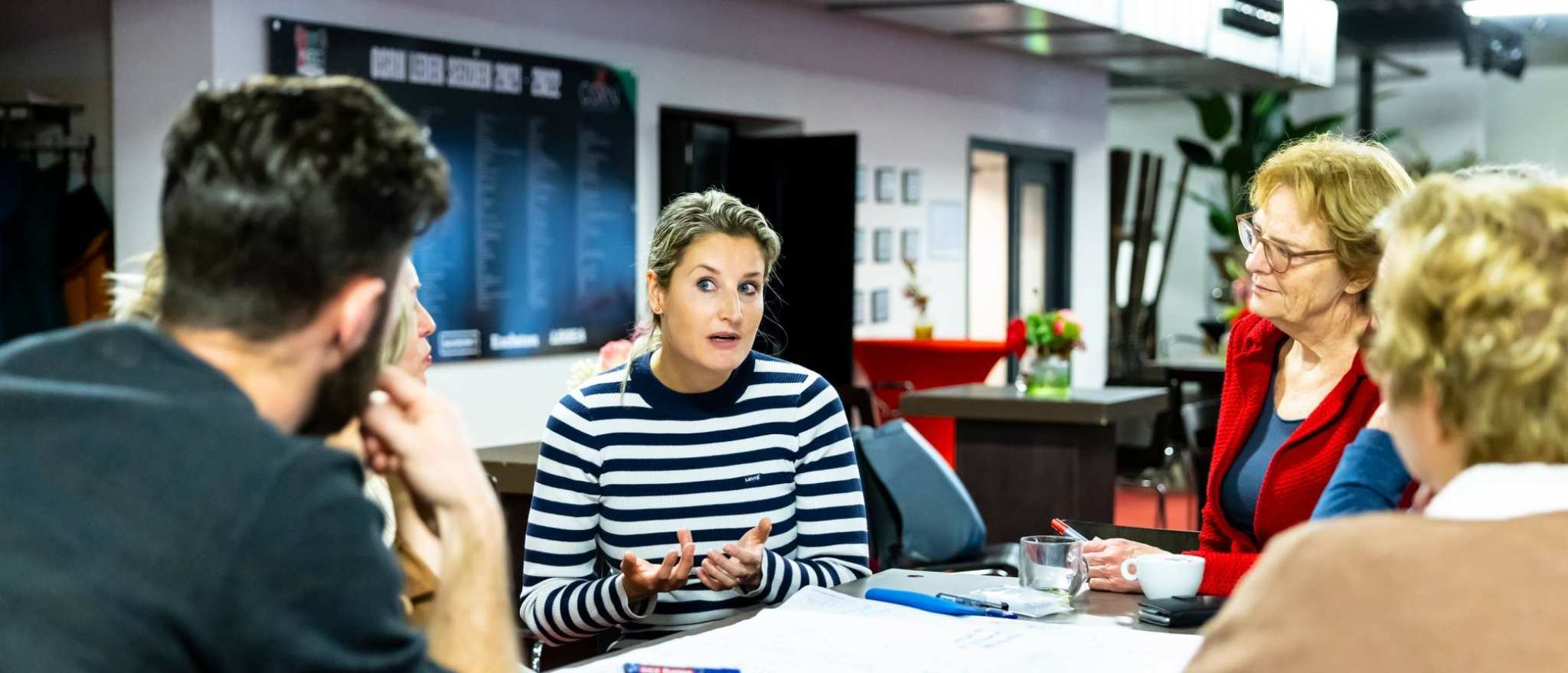 mensen zitten rond een tafel te luisteren naar het plan van een vrouw