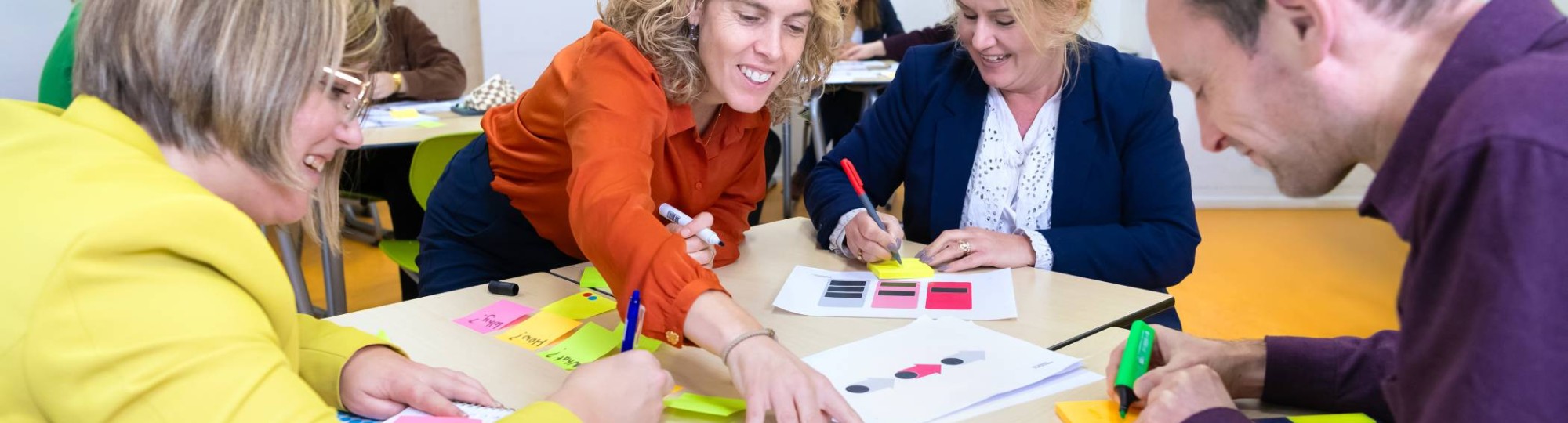 Een groepje van vier mensen in gesprek met post-its op tafel in een lokaal met anderen