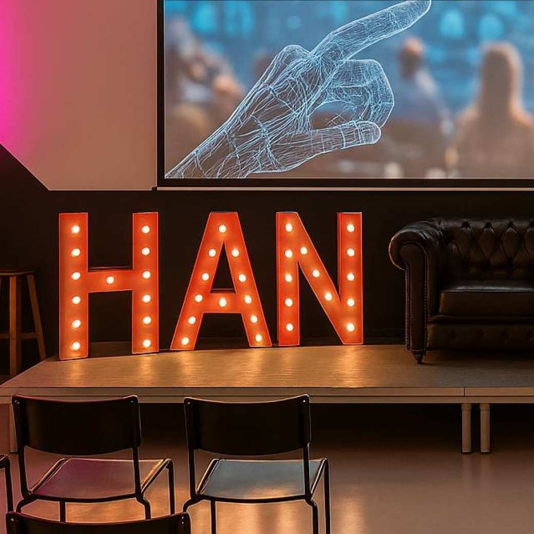 Met AI bewerkte foto van het podium van de AI-Hub Live! van 5 februari 2026
