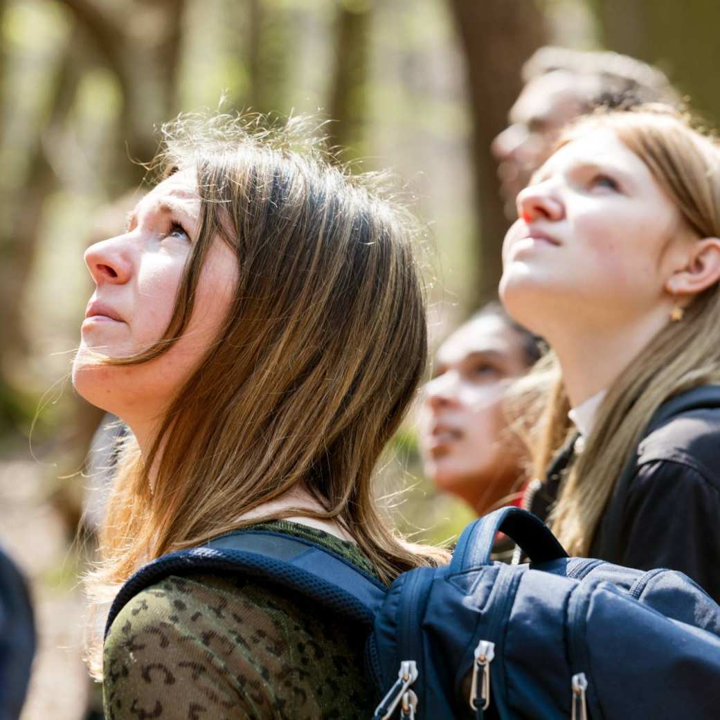 Biologie studenten kijken omhoog