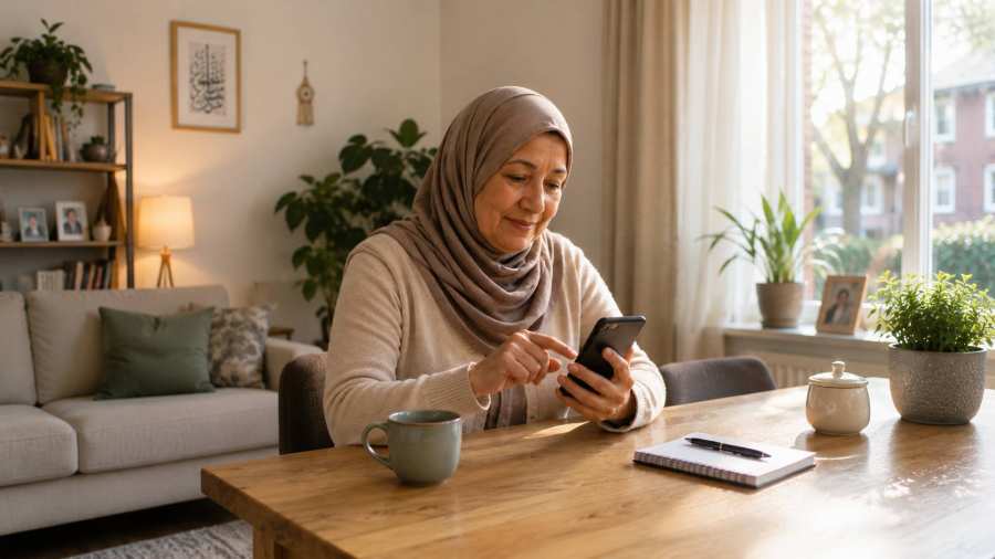 vrouw aan tafel met mobiel ai beeld project cares voor technologie voor gezondheid.
