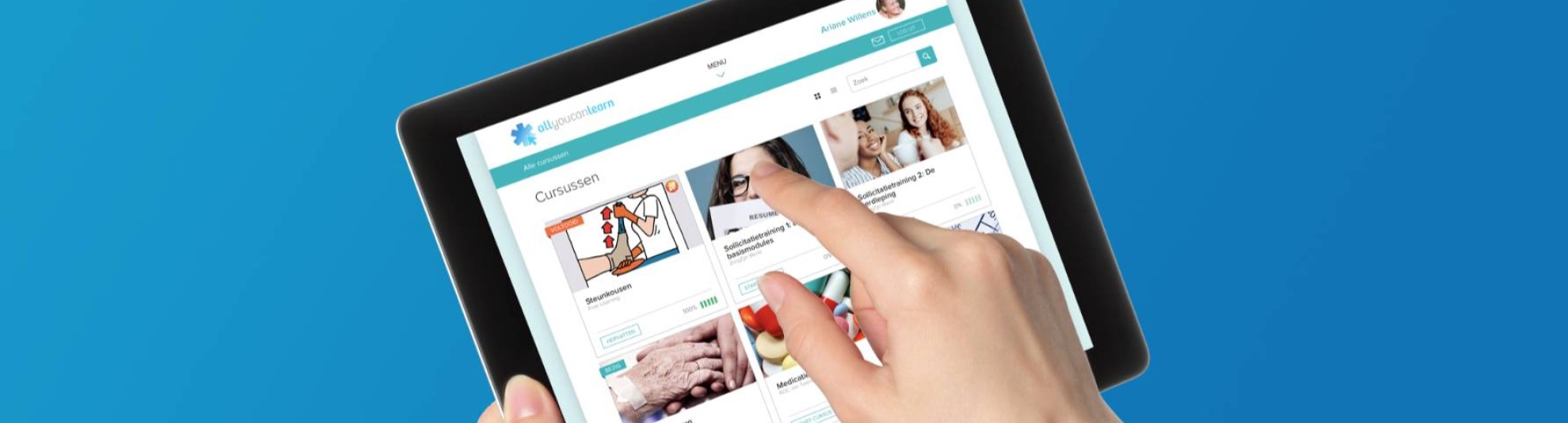 All you can Learn screenshot van cursusaanbod op tablet.