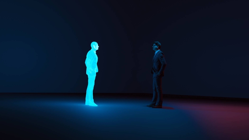 Inspiratiesessie AI. Man ontmoet een halo/digital avatar.