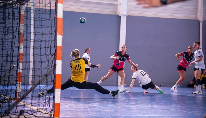 Handbalwedstrijd, keeper blokkeert een worp