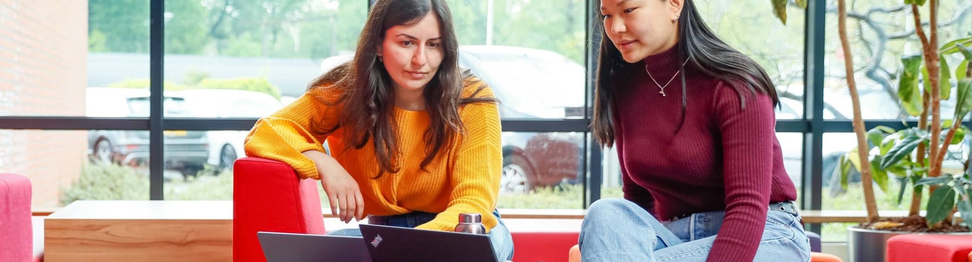 Twee internationael studenten overleggen met laptop bij rode banken