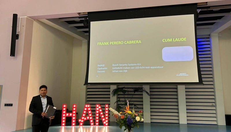 Frank Perero Cabrera, deeltijdstudent Werktuigbouwkunde aan de HAN, heeft zijn studie Cum Laude weten af te ronden