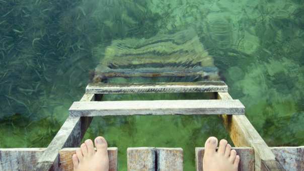 stockfoto van voeten op een vlonder aan de rand van groen water