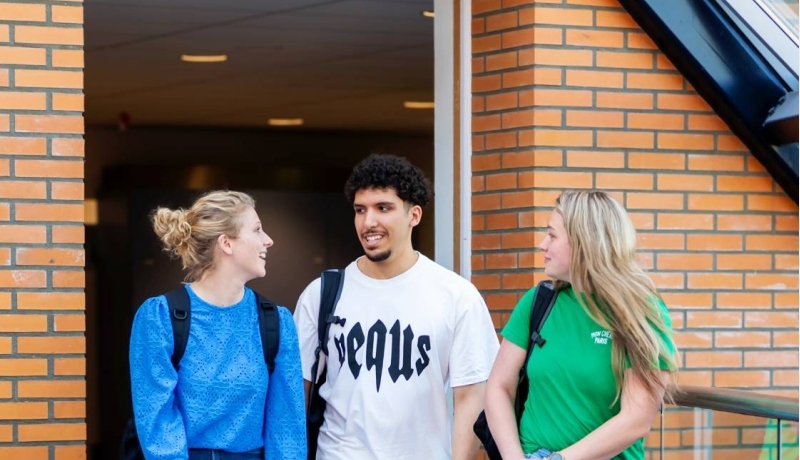 3 studenten zijn met elkaar in gesprek lopend over de brug