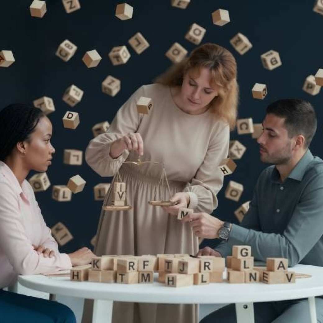 mensen zitten aan tafel en letters vliegen rond