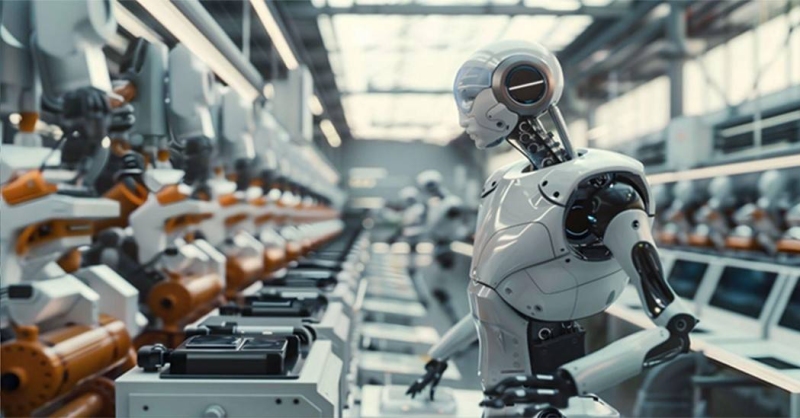 Foto van een humanoid-robot in een industriele werkomgeving