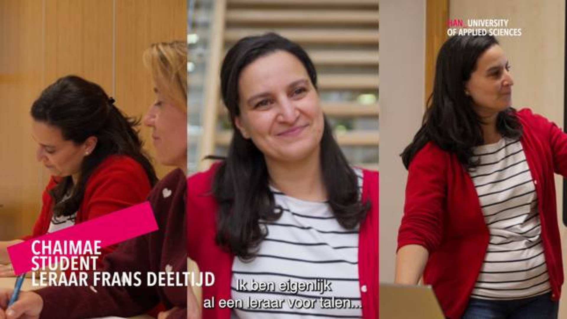 Een vrouw met een rood vest aan.