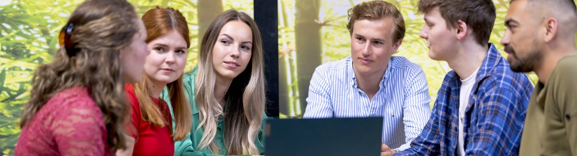 Facility Management, foto 7787-7790, studenten overleggen bij the brew, samenwerken met laptop