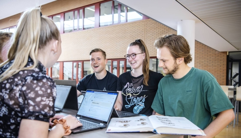 Fysiotherapie, K33 b1, overleg, drie studenten, laptop