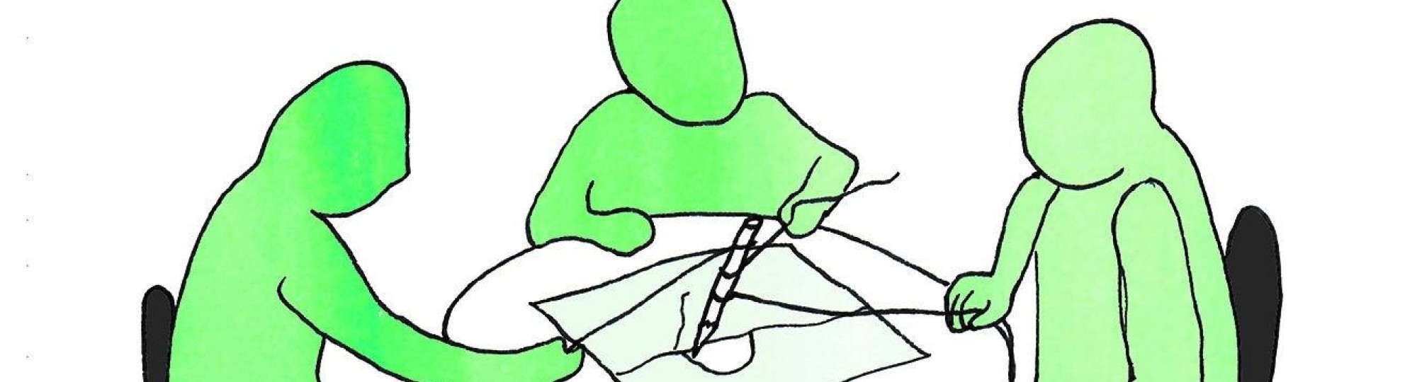 Drie getekende personen die zittend aan een tafel werken