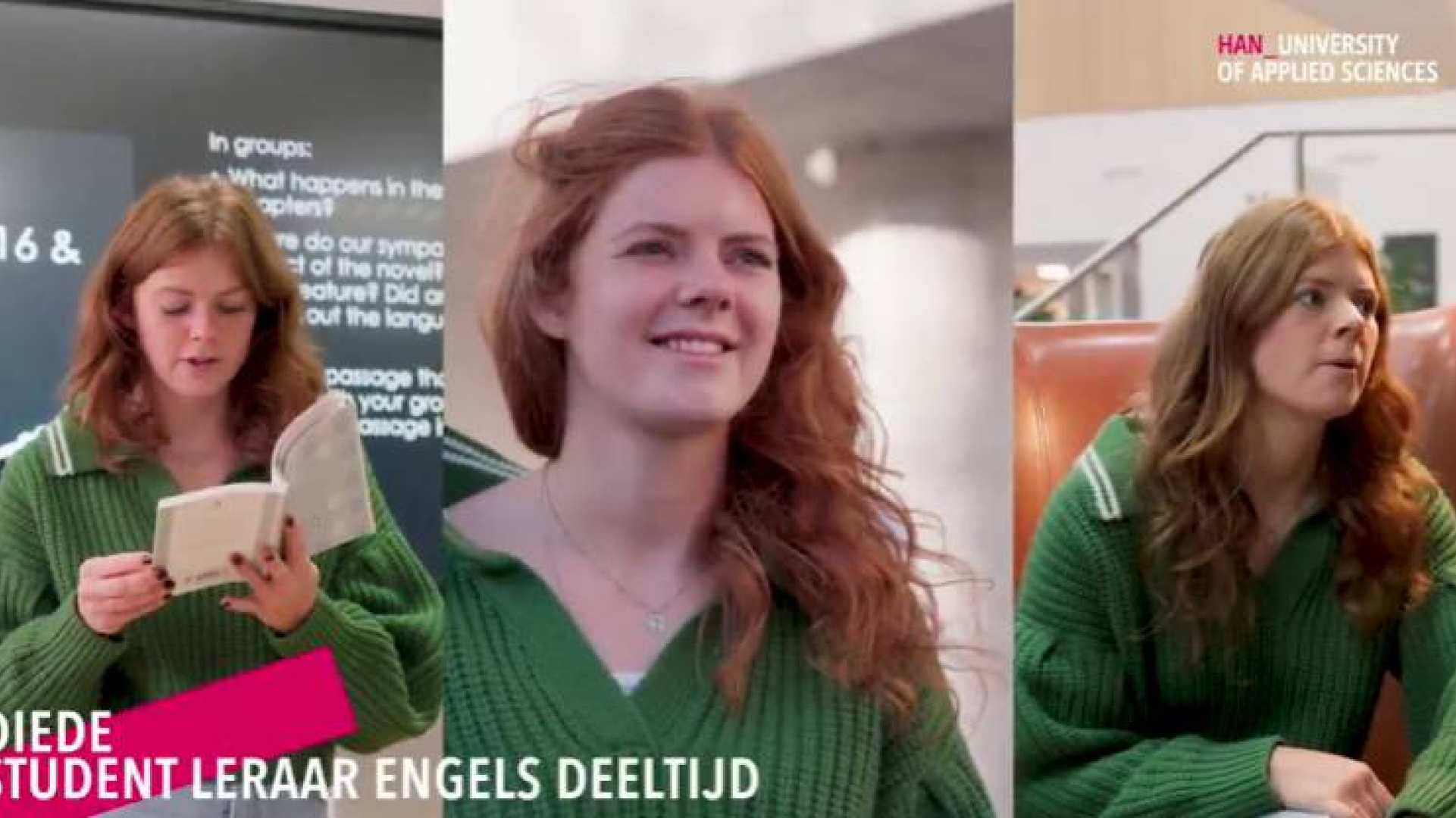 Een meisje met een groene trui aan en rood haar