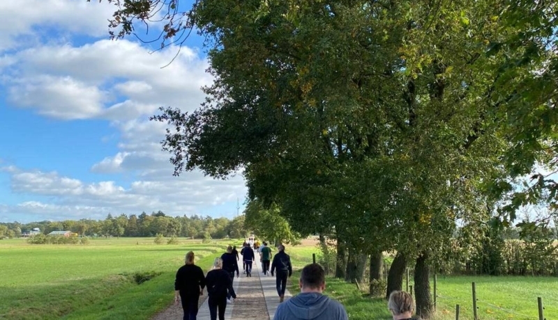 Deelnemers van de Ommetje Challenge wandelen in het bos