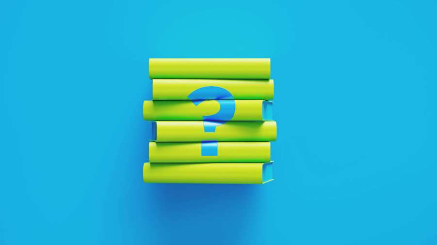 Een tekening van stapel groene boeken met blauw vraagteken ervoor. SEECE