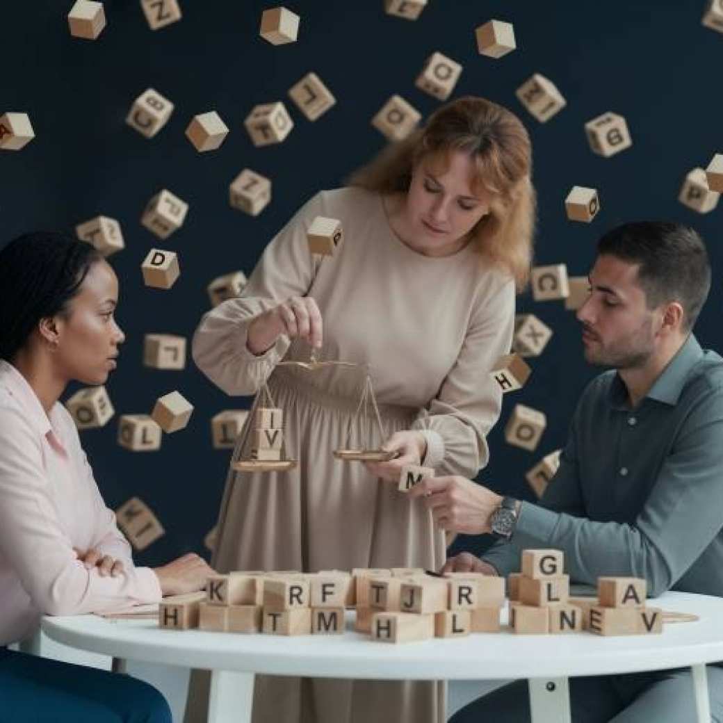 mensen zitten aan tafel en letters vliegen rond