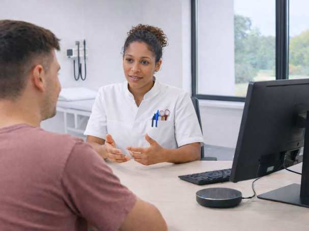 spraakgestuurd rapporteren in een ziekenhuis, client en arts in gesprek