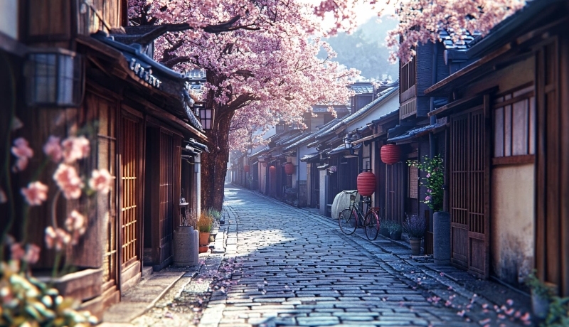 straatbeeld japan met mooie roze bloesem