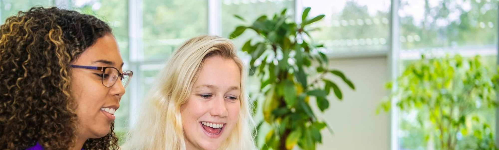 Twee studenten Leraar Wiskunde zitten naast elkaar met een laptop. De ene wijst lachend op het scherm iets aan en de ander kijkt lachend mee.