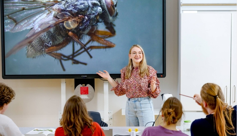 Studente geeft lachend les/staat lachend voor de klas. Op de achtergrond staat een vlieg geprojecteerd.