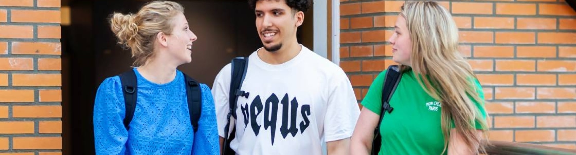 3 studenten zijn met elkaar in gesprek lopend over de brug