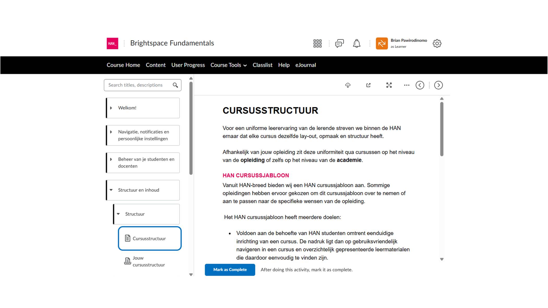 Voorbeeld - Ingerichte cursus 