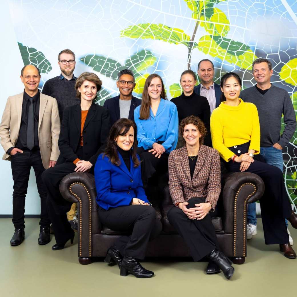 11 people standing in front of a wall with an image of mint leaves in front of a blue sky. 5 of them sit on a sofa and the other 6 stand around them. Everyone is facing the camera and smiling.