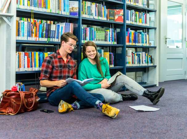 jongen en meisje studeren voor boekenkast op grond voorzijde