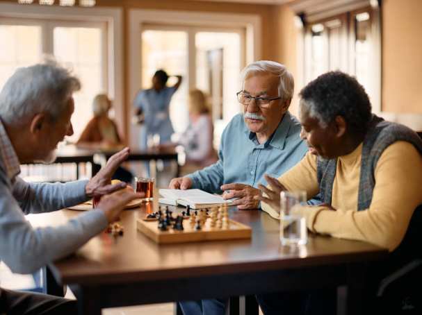 Ouderen mensen spelen een schaakspel