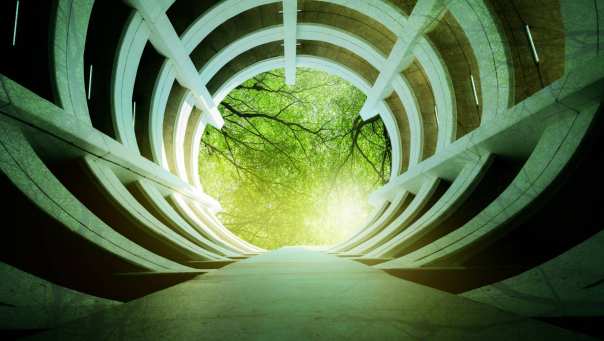 Tunnel met doorkijk naar groene planten en bomen.