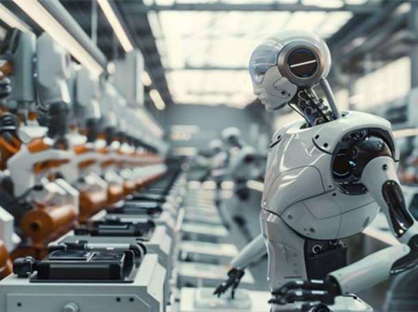 Foto van een humanoid-robot in een industriele werkomgeving